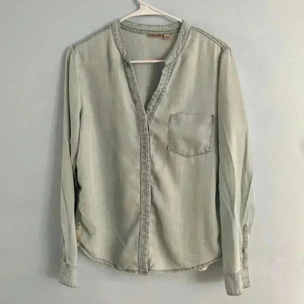 Anthropologie Holding Horses Button Down Shirt Denim Lace Blue Size S